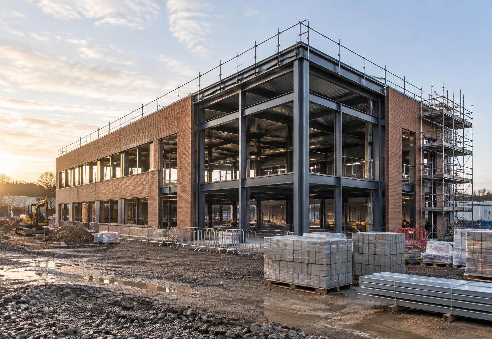 Commercial brick and steel-frame building under construction